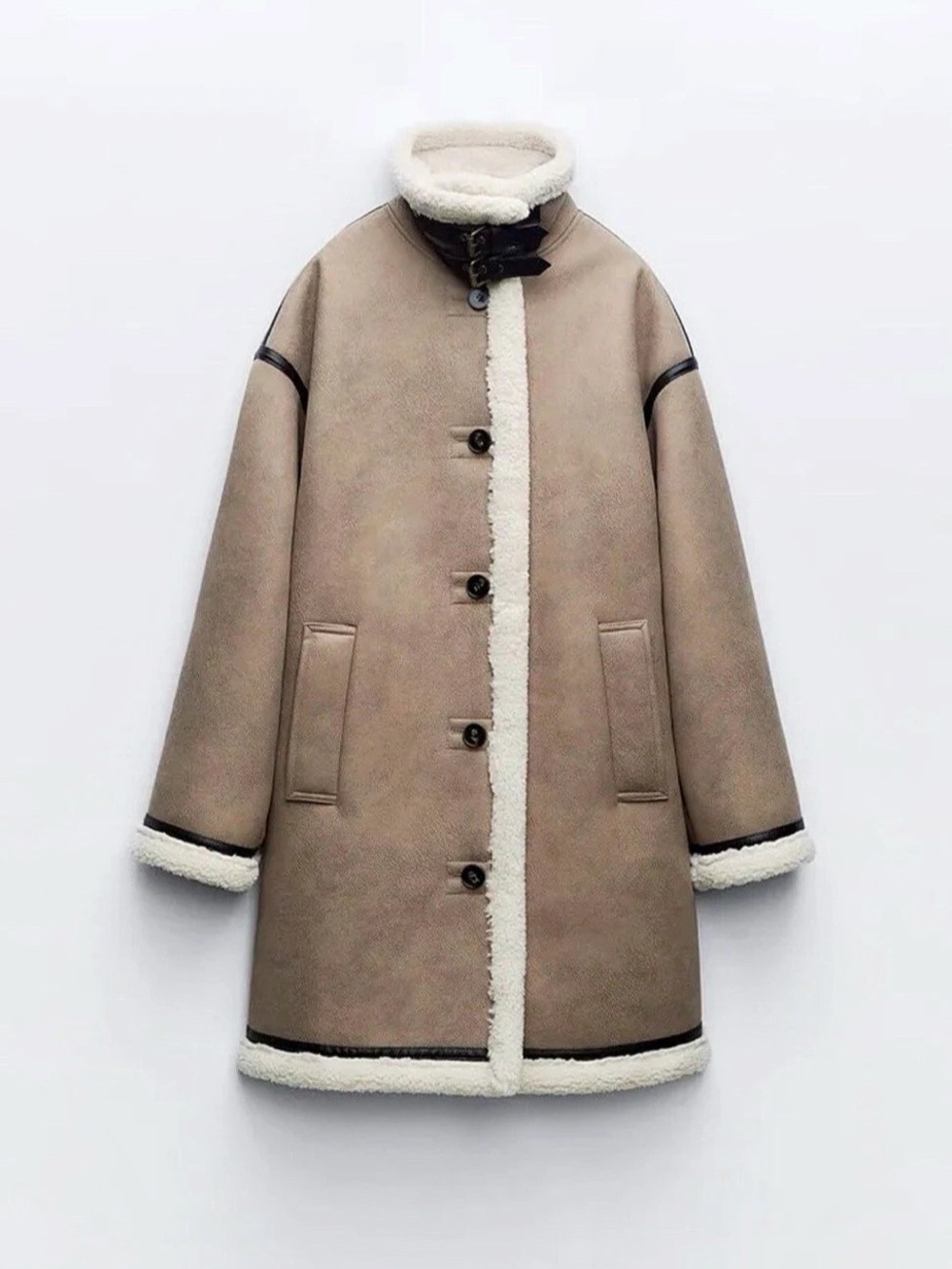 Zara Long Double-Faced Faux Suede Coat Brown & Cream Medium